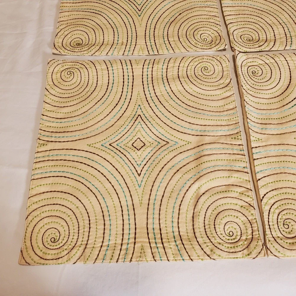 Set of 4 Embroidered Cotton Square Placemats Cream Teal Brown Spiral Geometric